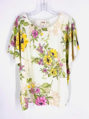 BiBi Size M Cream/Yellow Floral Tops Top-Short Sleeve