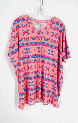 Bombom Size L Coral/Blue Southwestern Tops Top-Short Sleeve