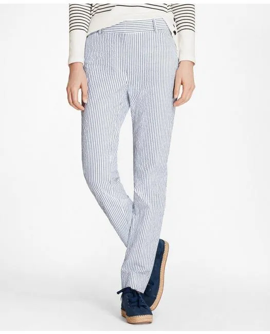 Brooks Brothers Women's Striped Stretch Cotton Seersucker Pants Blue/White Brooks Brothers