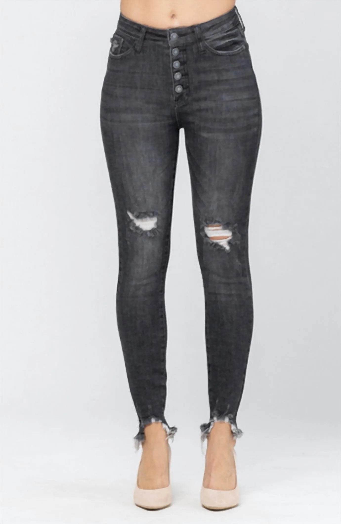 Button Fly Skinny Jeans In Washed Black