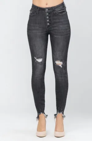 Button Fly Skinny Jeans In Washed Black
