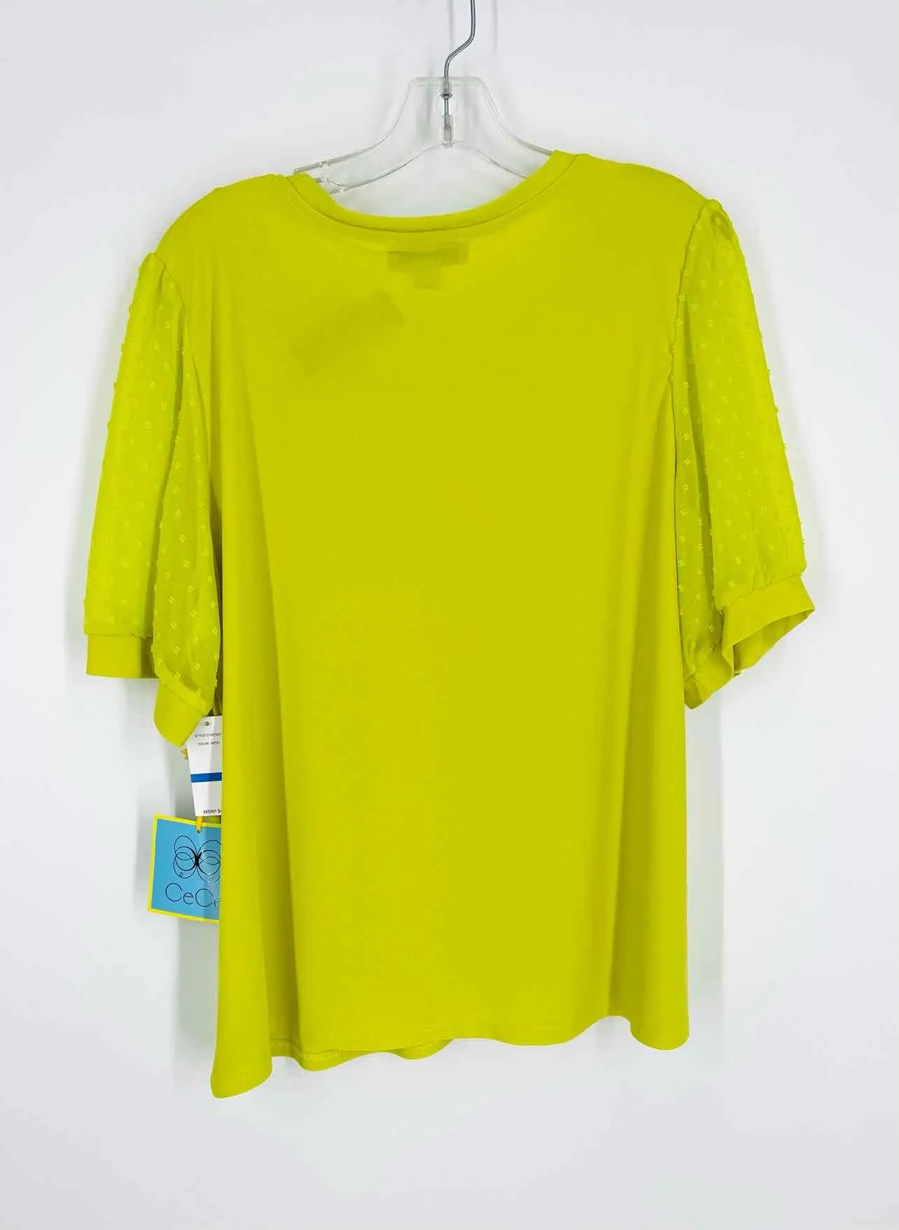 CeCe Size XL Chartreuse Puff Sleeve Swiss Dot Tops Top-Short Sleeve