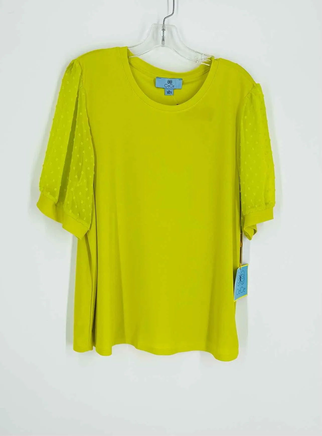 CeCe Size XL Chartreuse Puff Sleeve Swiss Dot Tops Top-Short Sleeve