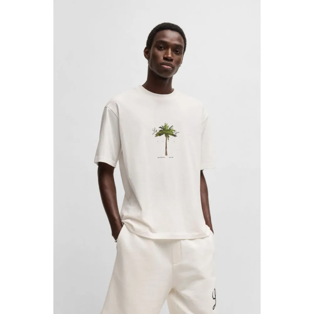 Cotton-jersey T-shirt with palm-tree print