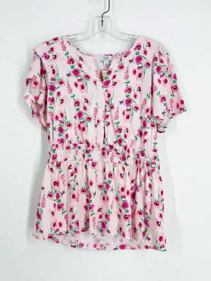Crown & Ivy Size L Pink/Green Floral Tops Top-Short Sleeve