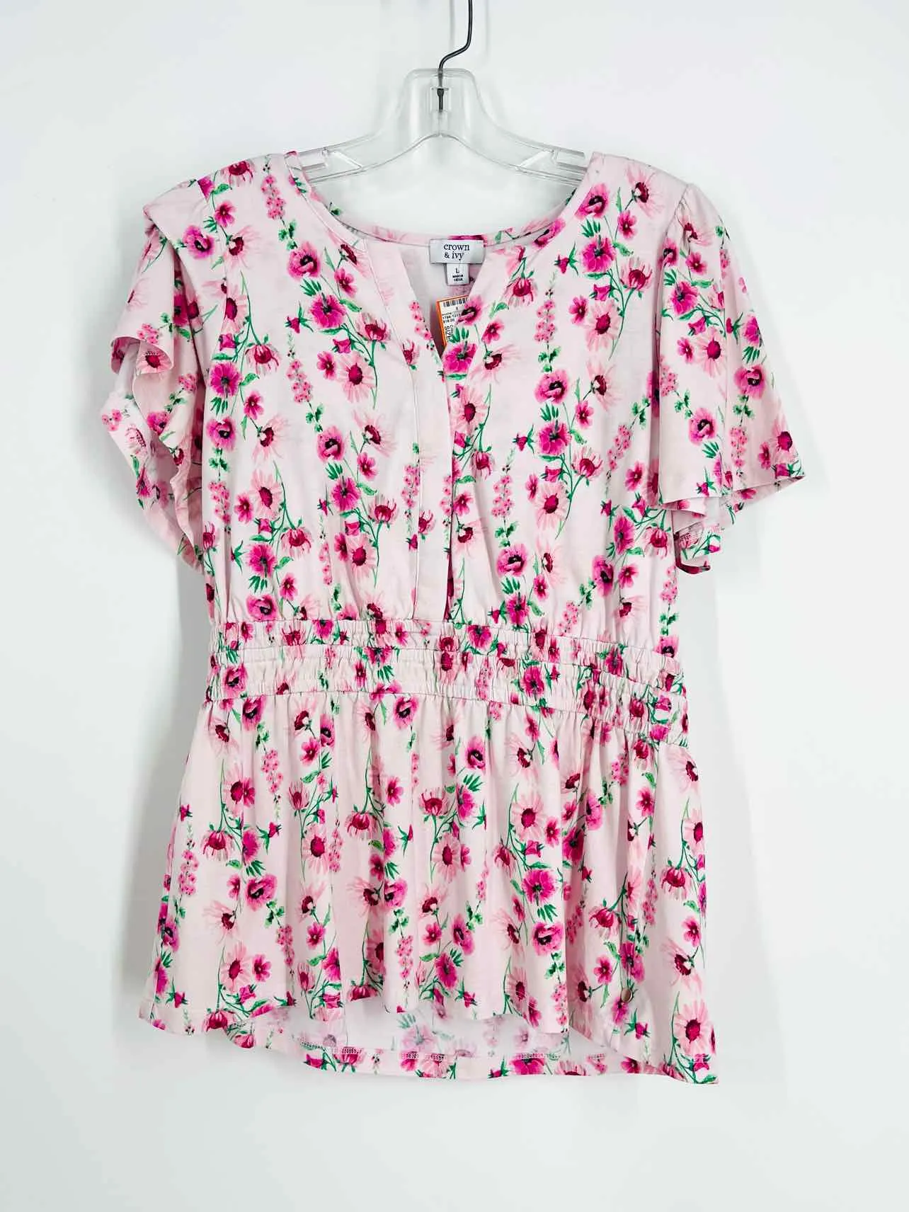 Crown & Ivy Size L Pink/Green Floral Tops Top-Short Sleeve