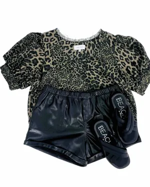 Dear John Size XL Olive/Black Animal Print Puff Sleeve Tops Top-Short Sleeve