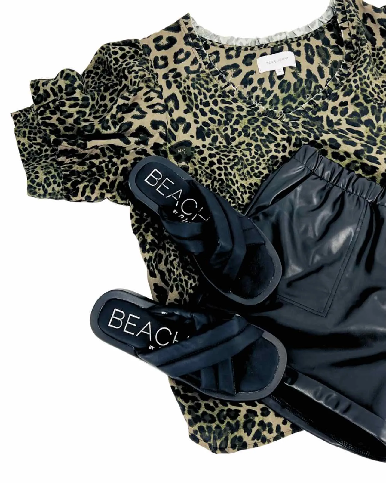 Dear John Size XL Olive/Black Animal Print Puff Sleeve Tops Top-Short Sleeve