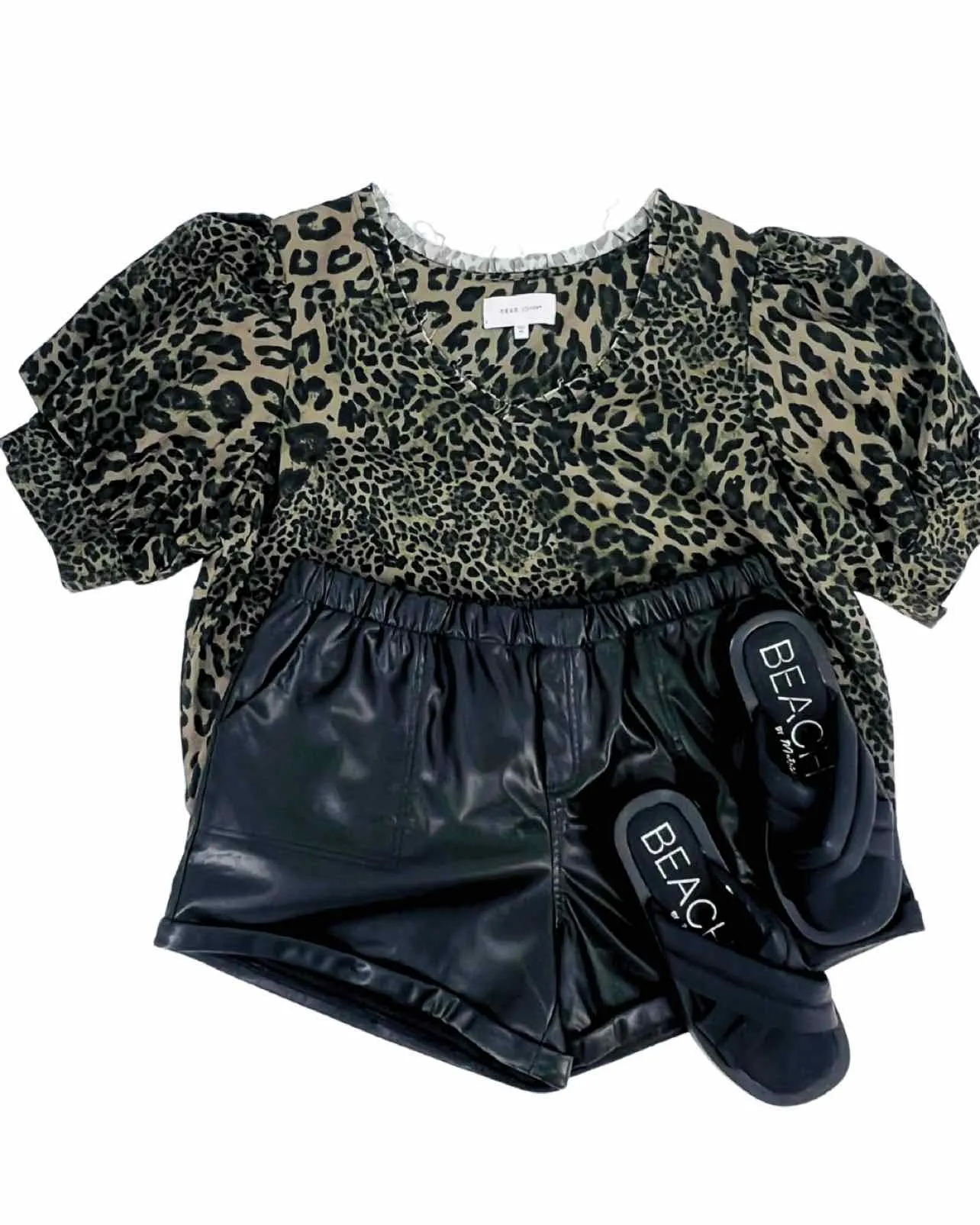 Dear John Size XL Olive/Black Animal Print Puff Sleeve Tops Top-Short Sleeve