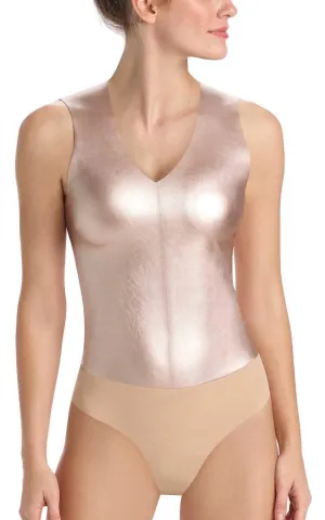 Faux Leather Deep-V Bodysuit In Rose Gold
