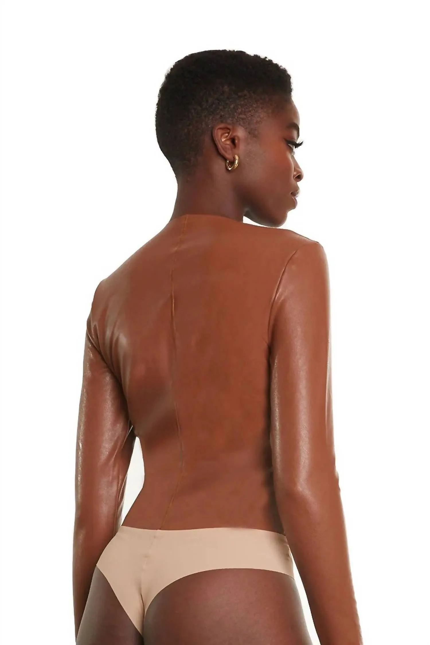 Faux Leather Longsleeve Crew Bodysuit In Cocoa
