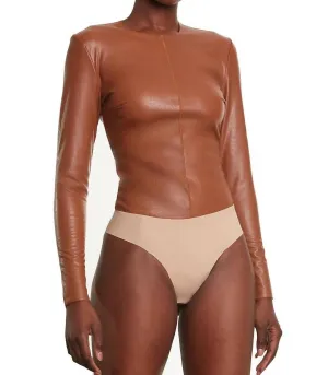 Faux Leather Longsleeve Crew Bodysuit In Cocoa