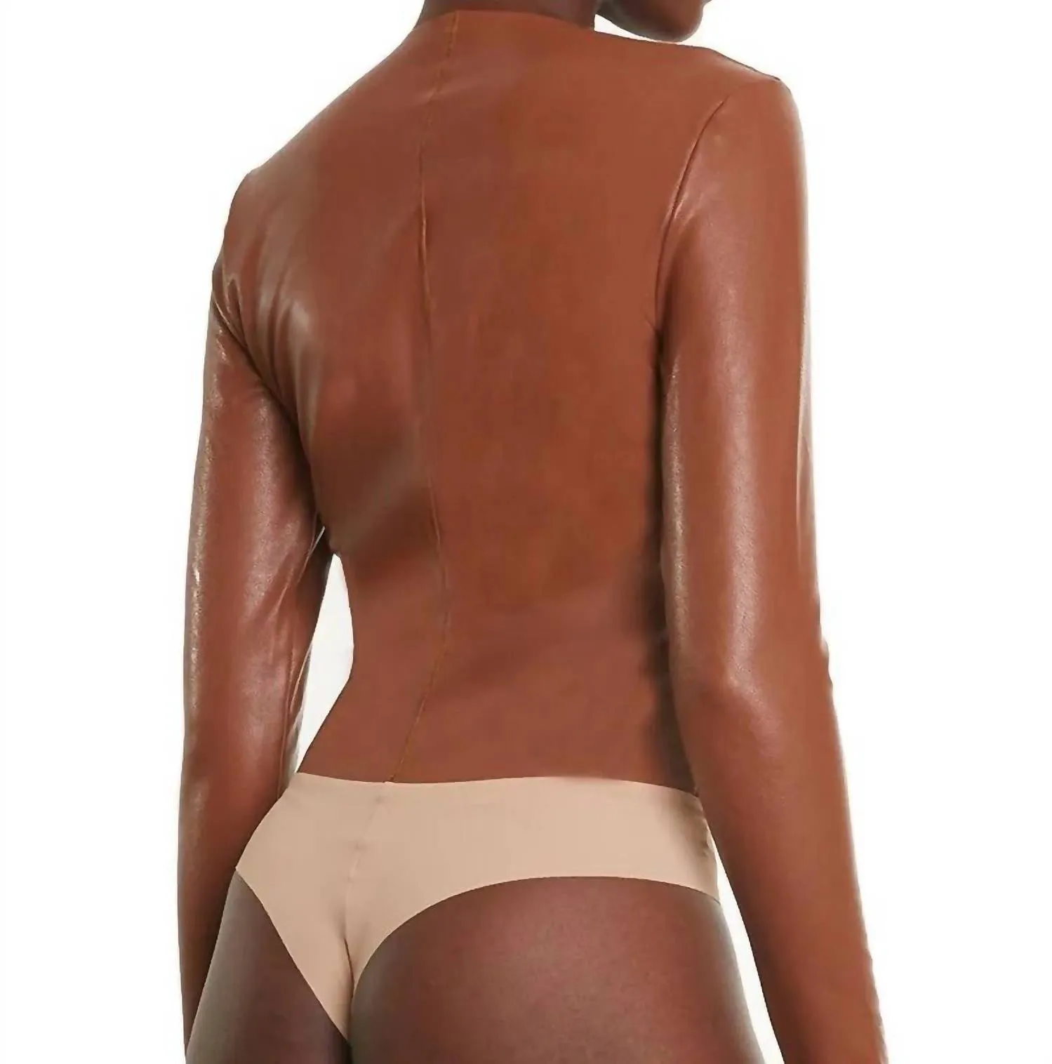 Faux Leather Longsleeve Crew Bodysuit In Cocoa