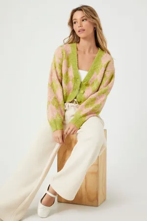 Forever 21 Knit Women's Argyle Print Cardigan Sweater Green/Pink Forever 21
