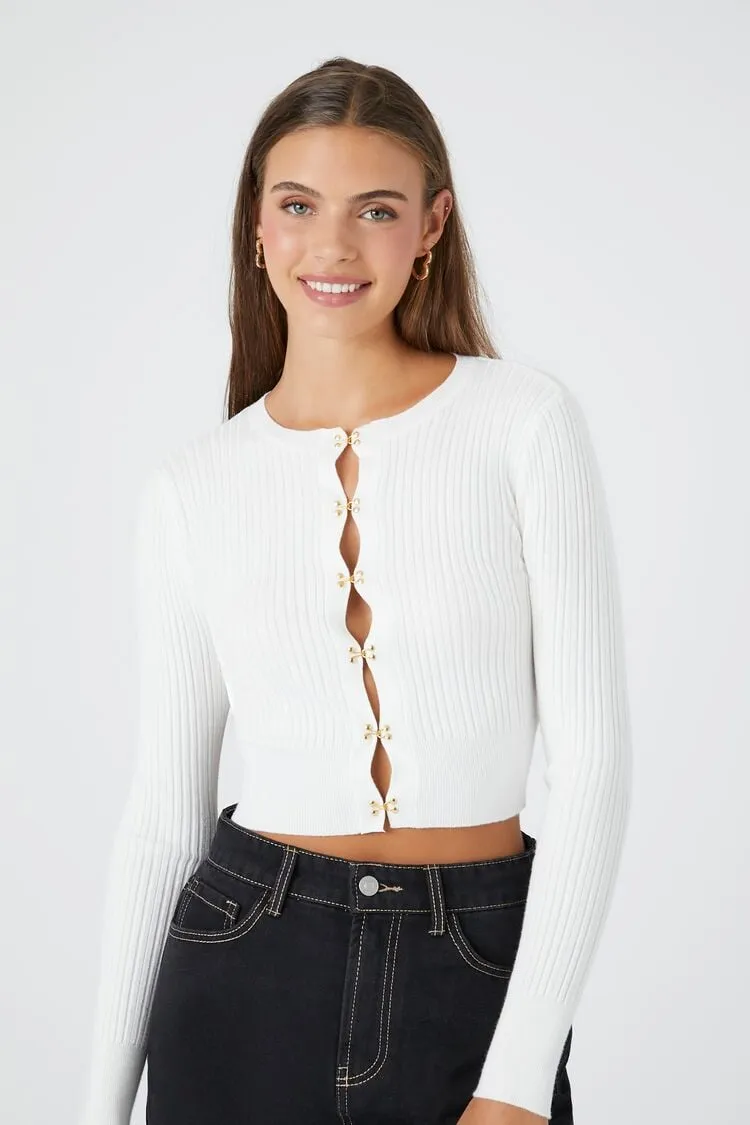 Forever 21 Knit Women's Cropped Hook-and-Eye Sweater White Forever 21