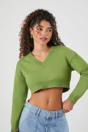 Forever 21 Knit Women's Cropped V-Neck Sweater Pepper Green Forever 21
