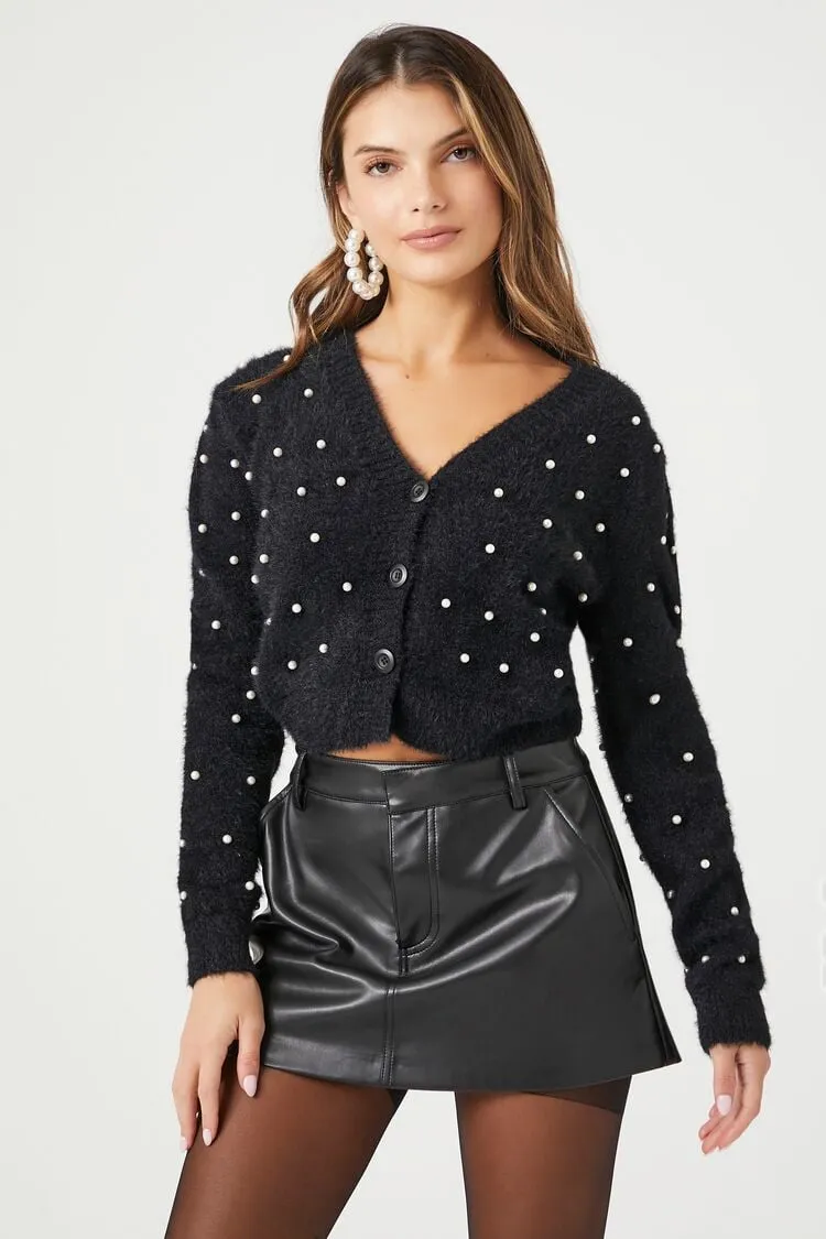 Forever 21 Knit Women's Faux Pearl Cardigan Sweater Black Forever 21