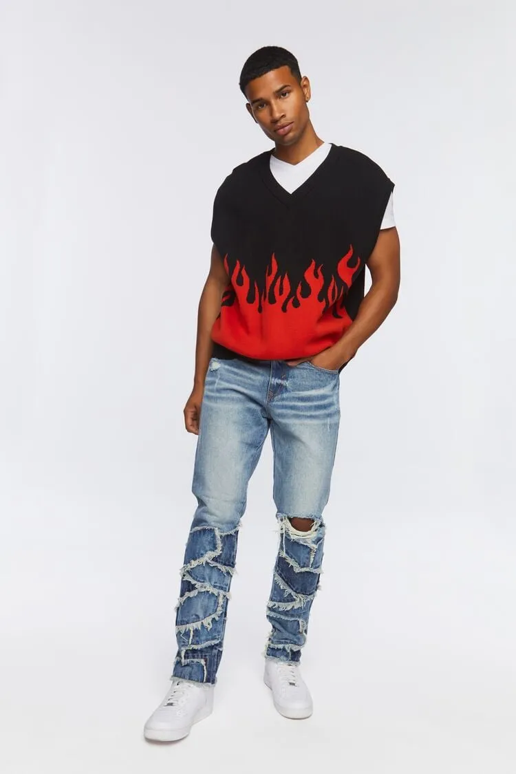Forever 21 Men's Frayed Patchwork Slim-Fit Jeans Medium Denim Forever 21