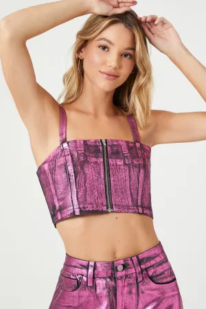 Forever 21 Women's Acid Wash Denim Crop Top Pink/Multi Forever 21