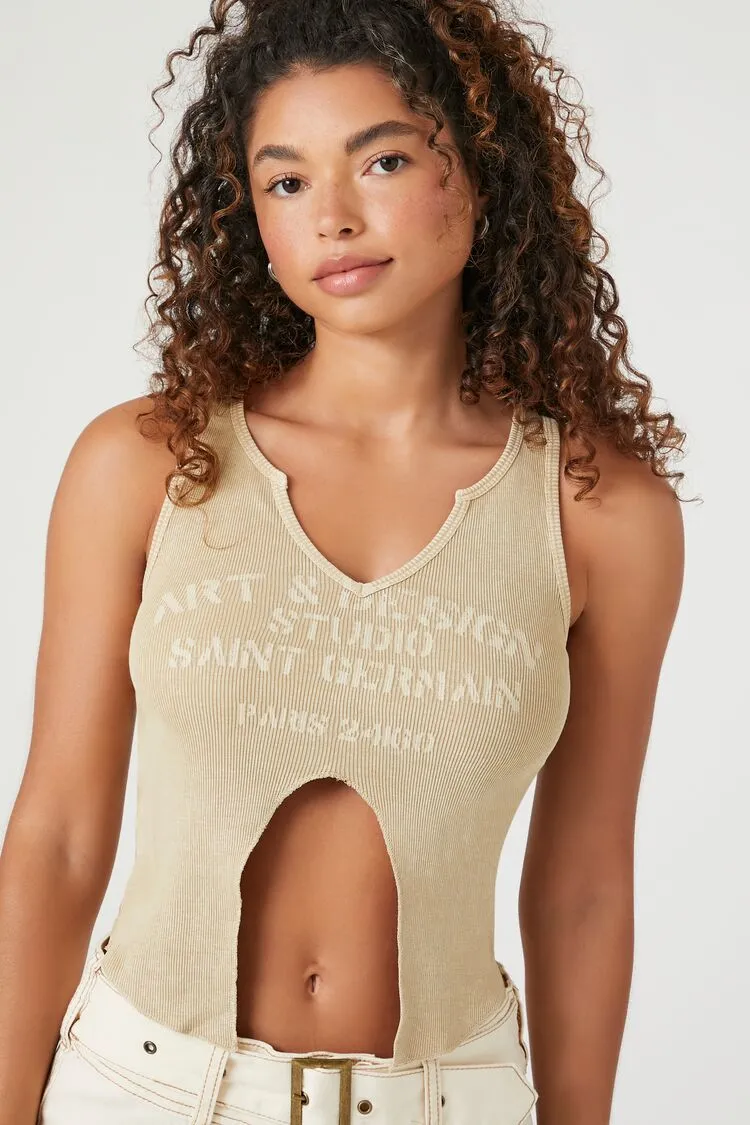 Forever 21 Women's Art & Design Graphic Split-Hem Tank Top Tan/Tan Forever 21