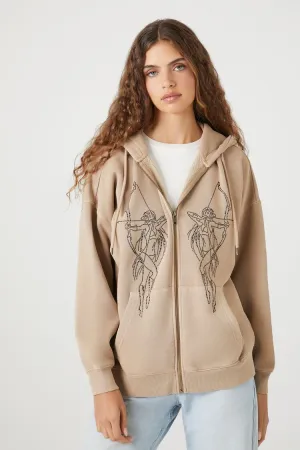 Forever 21 Women's Bow & Arrow Zip-Up Hoodie Sweatshirt Brown/Multi Forever 21