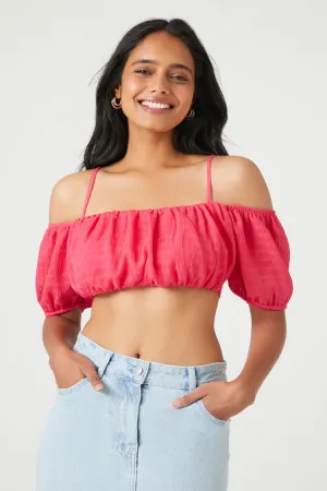 Forever 21 Women's Chiffon Off-the-Shoulder Crop Top Hot Pink Forever 21
