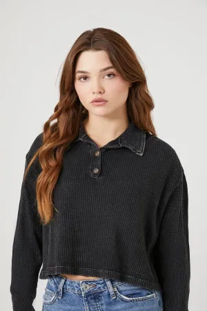 Forever 21 Women's Cropped Thermal Henley Top Black Forever 21