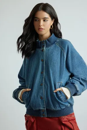 Forever 21 Women's Denim Bomber Jacket Medium Denim Forever 21