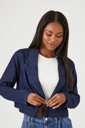 Forever 21 Women's Denim Double-Breasted Cropped Blazer Dark Denim Forever 21