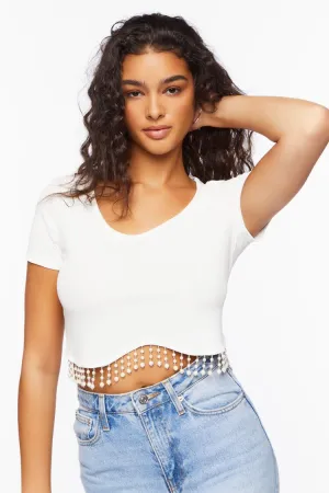 Forever 21 Women's Faux Pearl-Trim Crop Top White Forever 21