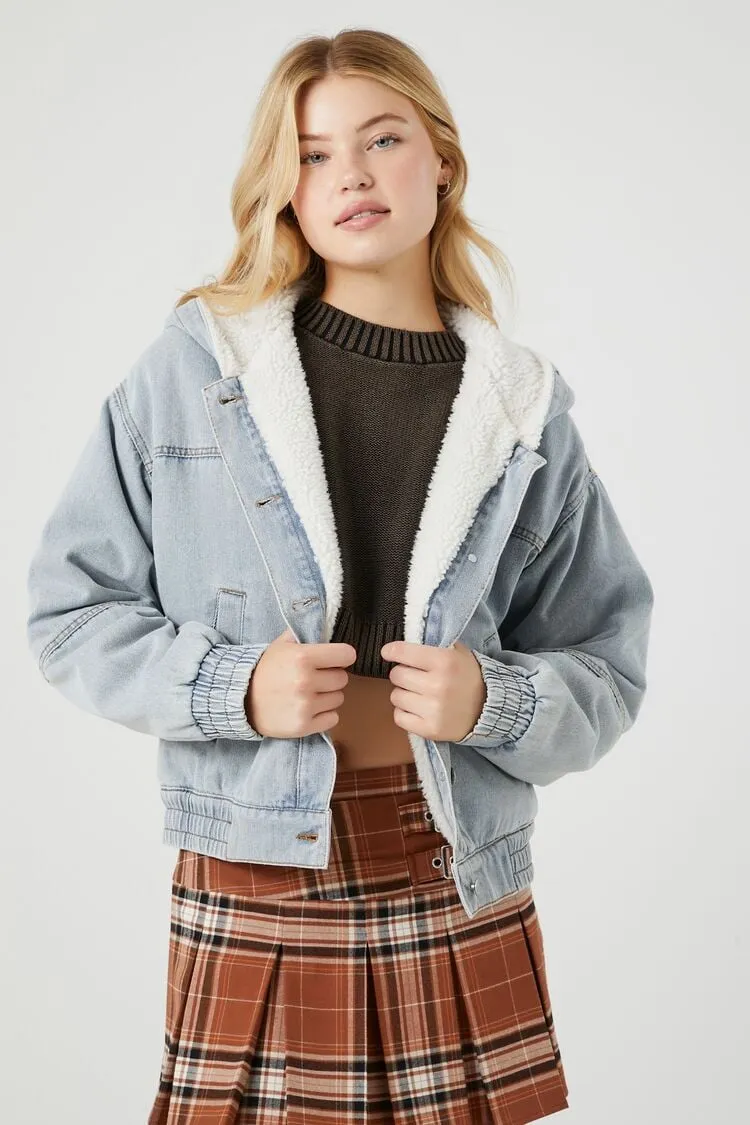 Forever 21 Women's Faux Shearling/Sherpa  Hooded Jacket Small Denim Forever 21