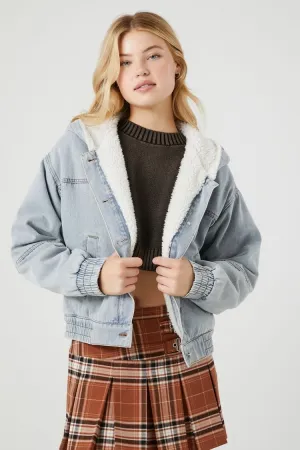 Forever 21 Women's Faux Shearling/Sherpa  Hooded Jacket Small Denim Forever 21