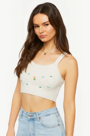 Forever 21 Women's Floral Beaded Cropped Tank Top Ivory Forever 21