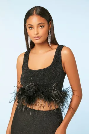 Forever 21 Women's Glitter Faux Feather-Trim Crop Top Black Forever 21