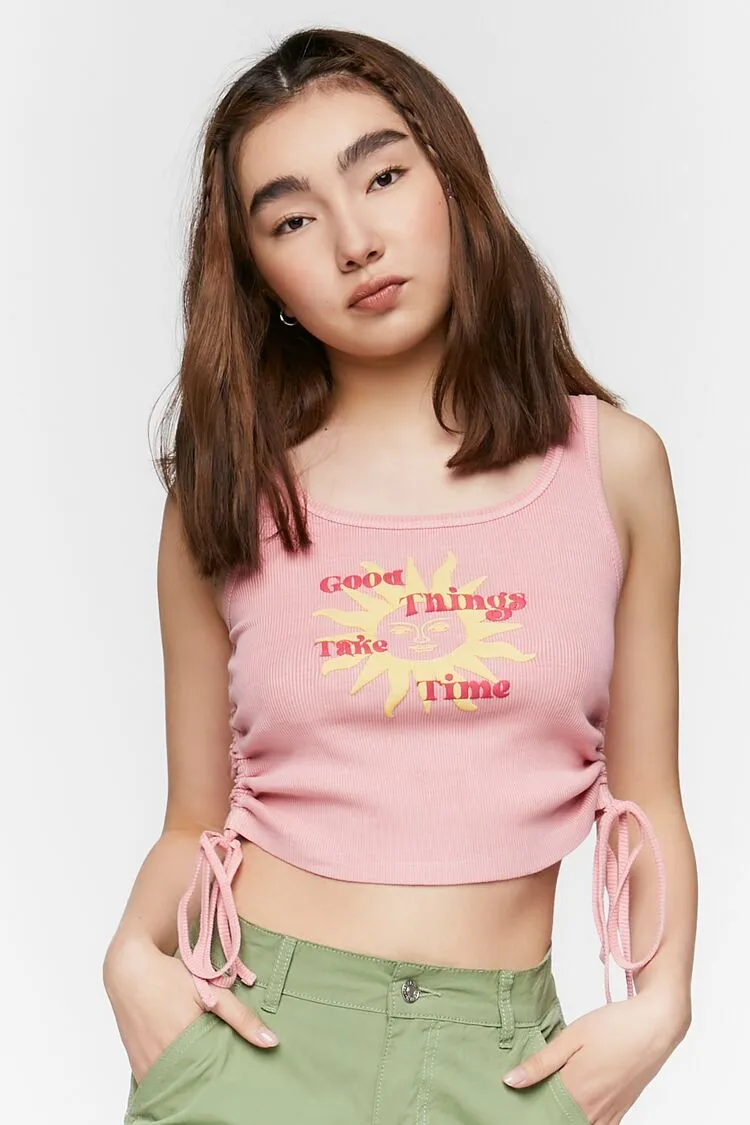 Forever 21 Women's Good Things Graphic Drawstring Tank Top Pink/Multi Forever 21