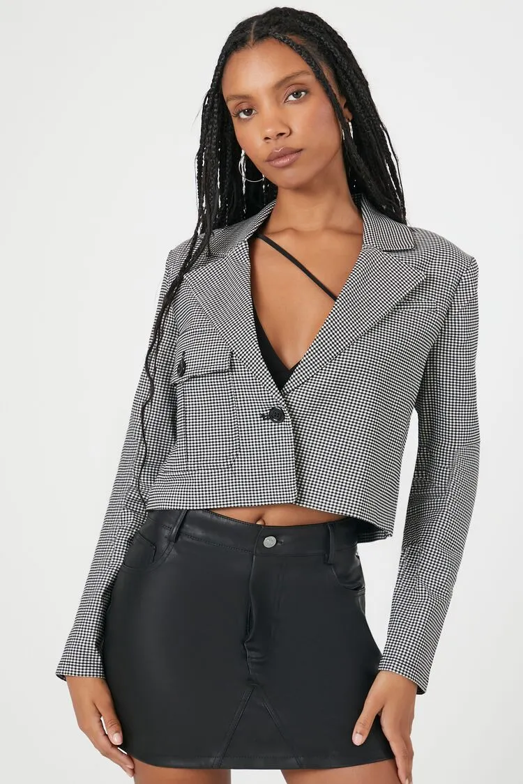 Forever 21 Women's Jacquard Checkered Cropped Blazer Black/White Forever 21