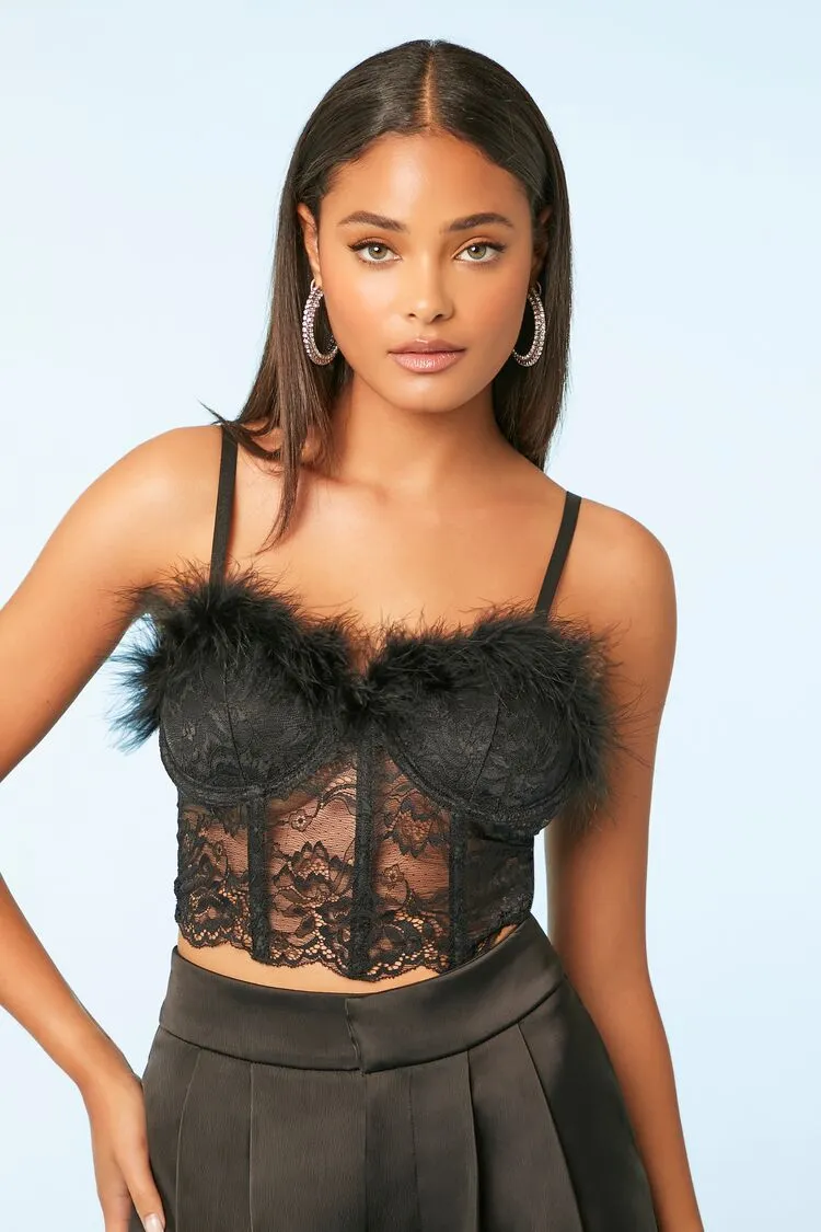Forever 21 Women's Lace Faux Feather-Trim Bustier Top Black Forever 21