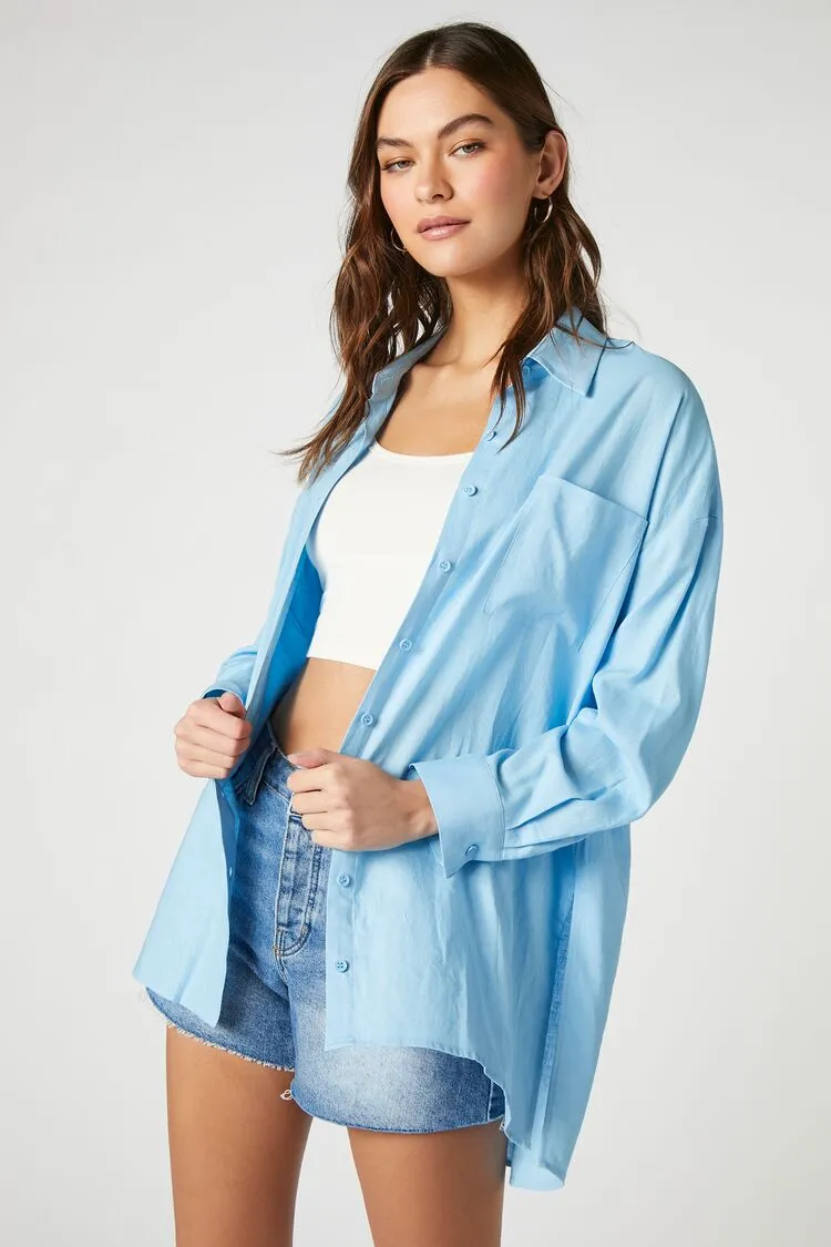 Forever 21 Women's Linen-Blend Oversized Shirt Blue Forever 21