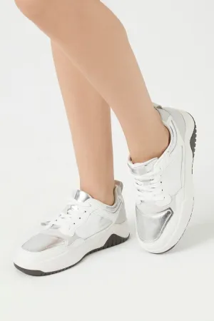 Forever 21 Women's Low-Top Metallic Lace-Up Sneakers White/Silver Forever 21
