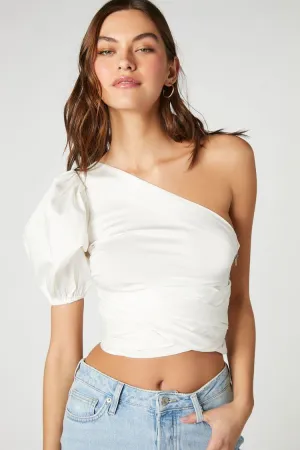 Forever 21 Women's One-Shoulder Puff-Sleeve Crop Top White Forever 21