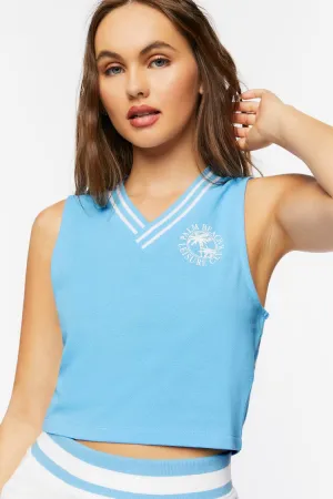 Forever 21 Women's Palm Beach Leisure Club Graphic Crop Top Blue/White Forever 21