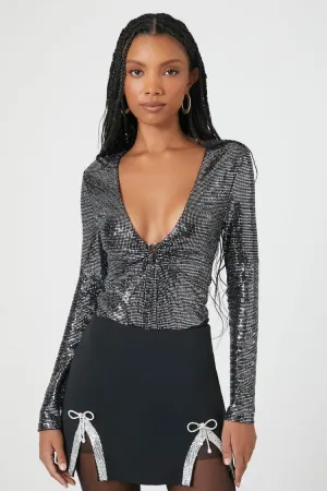 Forever 21 Women's Plunging Sequin Bodysuit Black/Silver Forever 21