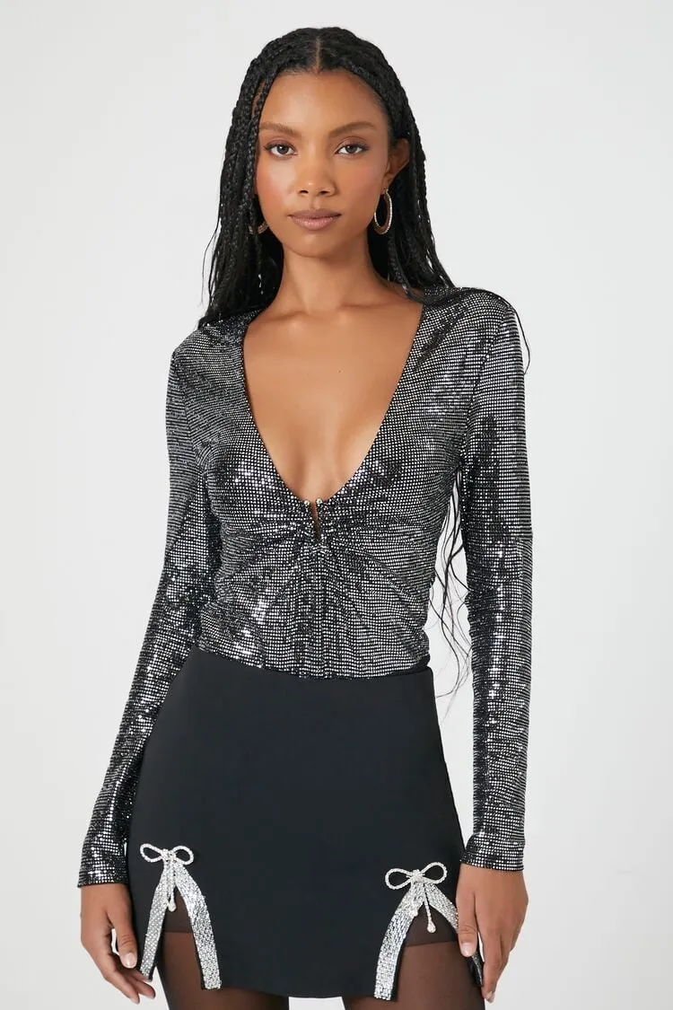 Forever 21 Women's Plunging Sequin Bodysuit Black/Silver Forever 21