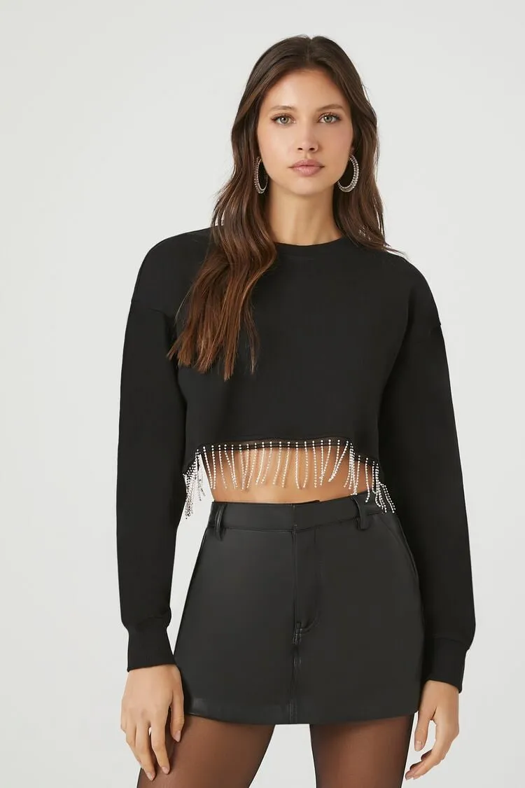 Forever 21 Women's Rhinestone Fringe Cropped Pullover Black Forever 21