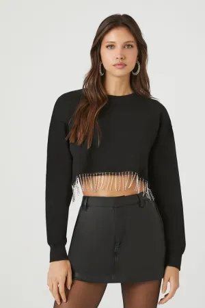 Forever 21 Women's Rhinestone Fringe Cropped Pullover Black Forever 21