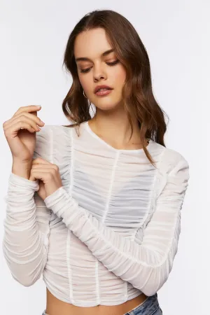 Forever 21 Women's Ruched Mesh Long-Sleeve Top White Forever 21