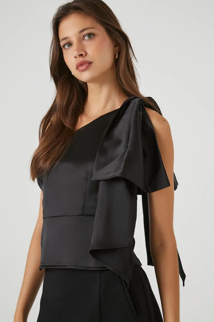 Forever 21 Women's Satin One-Shoulder Bow Top Black Forever 21