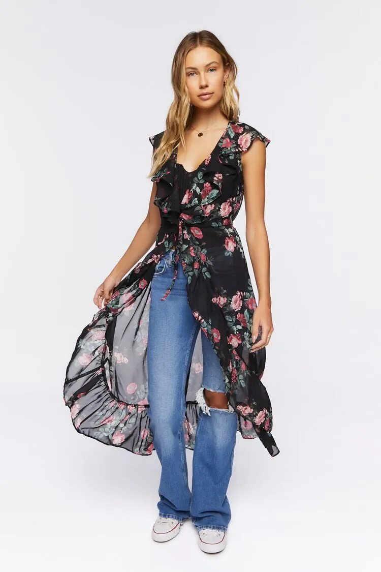 Forever 21 Women's Sheer Floral High-Low Ruffle Tunic Black/Multi Forever 21