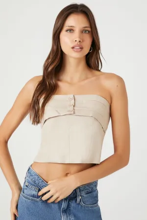 Forever 21 Women's Strapless Foldover Crop Top Tan/White Forever 21