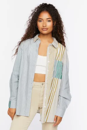 Forever 21 Women's Striped Reworked Poplin Shirt Green/Multi Forever 21